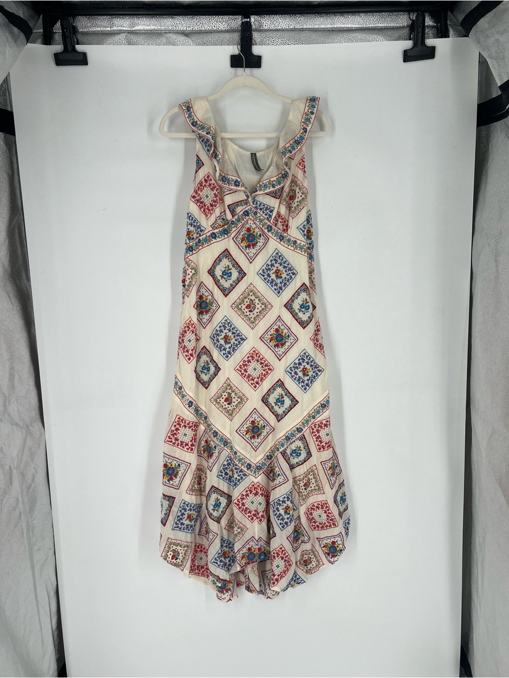 Anthropologie Cream Embroidered Floral Berry Tile-Print Hi-Low V Neck Midi Dress